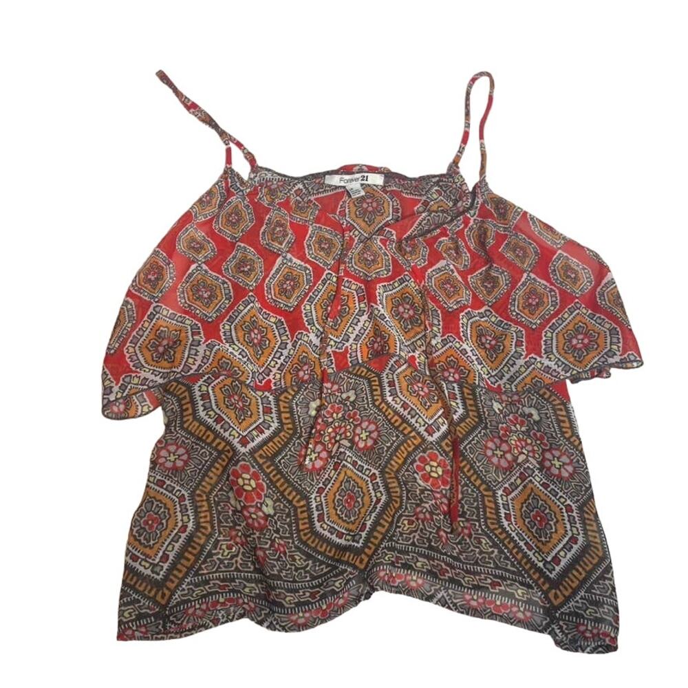FOREVER 21 Ruffle Tiered‎ Sheer Lightweight Tank Orange Red Small Off Shoulder